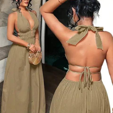 Women's Solid Color Deep V Neck Pleated Design Sexy Dress, Date Night Dress, Essential Summer Fashion Item for Women, Stylish and Alluring Evening Wear