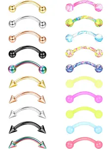 20Pcs 16G Eyebrow Rings Lip Ring Barbell Curved Ring Tragus Daith Rook Earring Acrylic Body Piercing Jewelry for Women Men