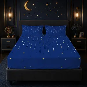 Meteor Shower Fitted Sheet Set, 3-Piece Bedding Set (1 Fitted Sheet + 2 Pillowcases, No Pillow Inserts), Minimalist Starry Sky Print, Breathable Deep Pocket Bed Sheet, Bedroom Decor for Teens & Adults, Ideal for Home Use