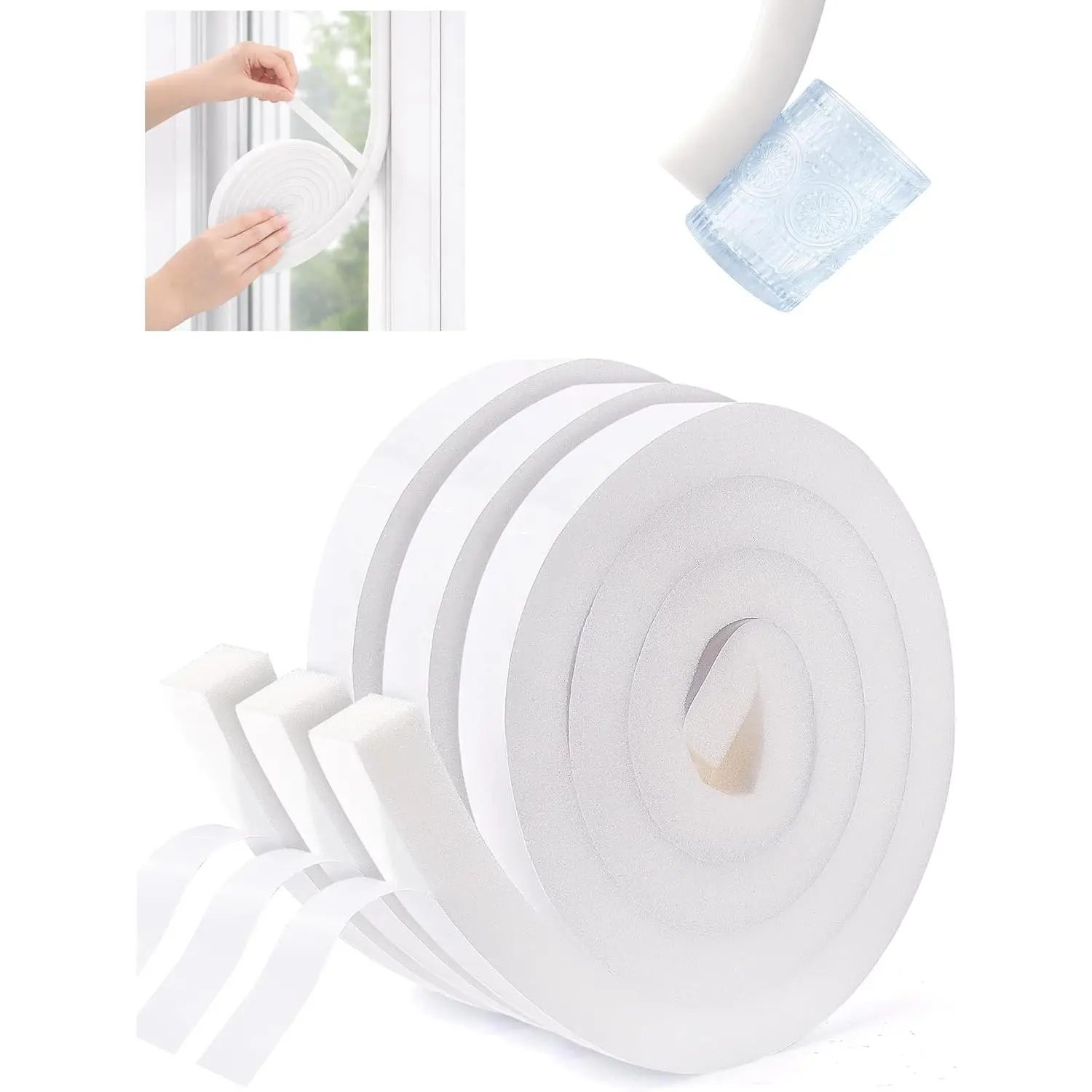 3 Rolls High Density Air Conditioner Window Seal 1" W x 1" T,  Adhesion Thick  Tape White Insulation  for Windows, Doors ( 19.5 FT Long)