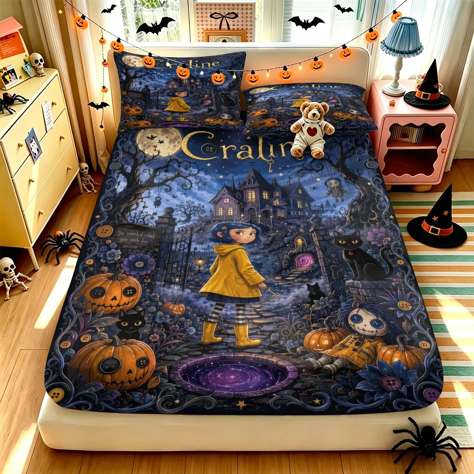 Coraline Cartoon Horror Halloween Fitted Sheet Set (1 Fitted Sheet + 2 Pillowcases), Soft Breathable Fabric, All‑Around Elastic Deep Pocket Non‑Slip Mattress Protector, Creepy Doll Witch Town Print Bedding, Unique Gothic Halloween Decor Gift