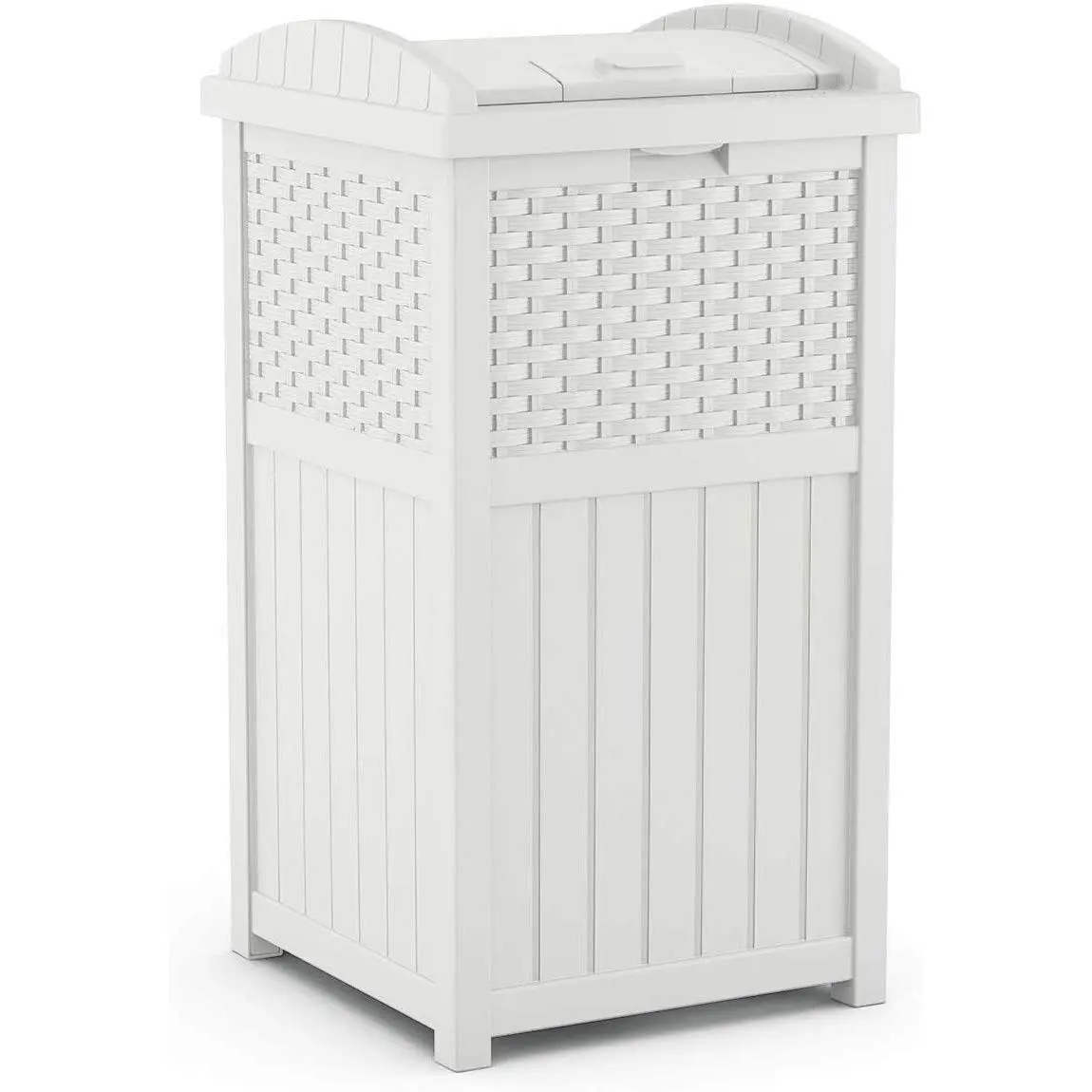 Hideaway Outdoor Trash Can with Lid - 30 Gallon Decorative Wicker-Style Garbage Bin, Weather-Resistant Resin, White, Fits 30-33 Gallon Bags, Ideal for Patio & Yard, Made in USA