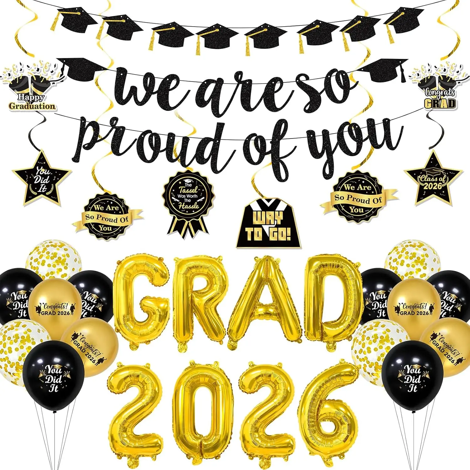 Graduation Decorations for 2026 Black and Gold Graduation Supplies Pack Including We Are So Proud of You Banners,Confetti Balloons,Grad 2026 Foil Balloons Cap Swirls