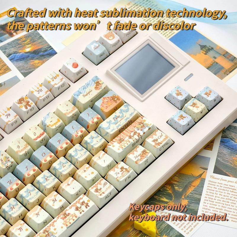 New 120-key Cream Bear Themed Side-Engraved Translucent Keycaps, CHERRY Profile Double-Shot PBT Material, Adopting 5-Side Dye-Sublimation Technology, Wear-Resistant, Anti-Shine, Mechanical Keyboard Keycaps, Gaming Keyboard Keycap