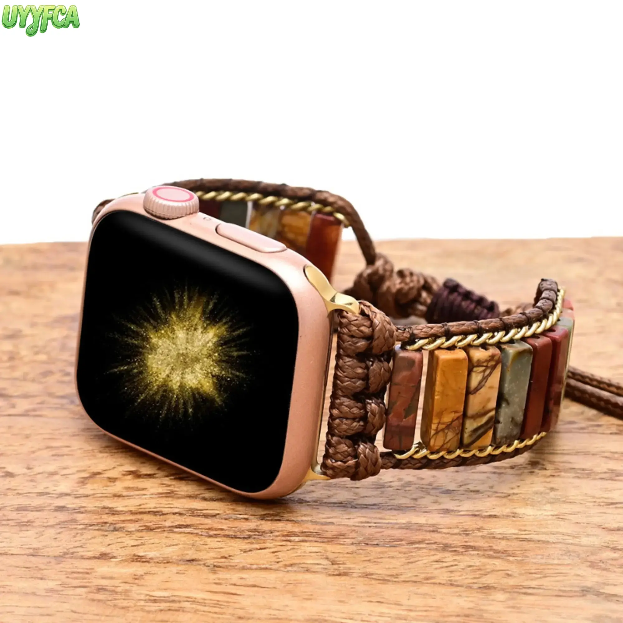 Handmade Boho Natural Stone Boho Apple Watch Band, Rectangle Picasso Jasper Beaded Braided Strap with Gold Chain Detail, Compatible with Apple Watch Series 1 to 11 Ultra SE,Adjustable Bohemian Accessory for Women Vacation Festival Daily Wear,summerwins