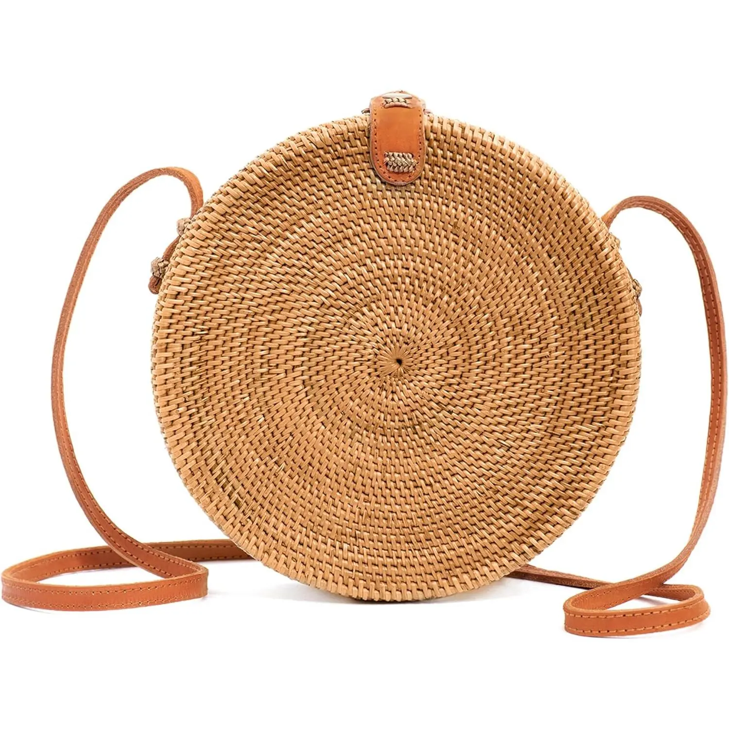 Round Rattan Bag for Women -  Ata Wicker Woven Purse - Circle, Square, Oval Brown Straw Boho Bags |