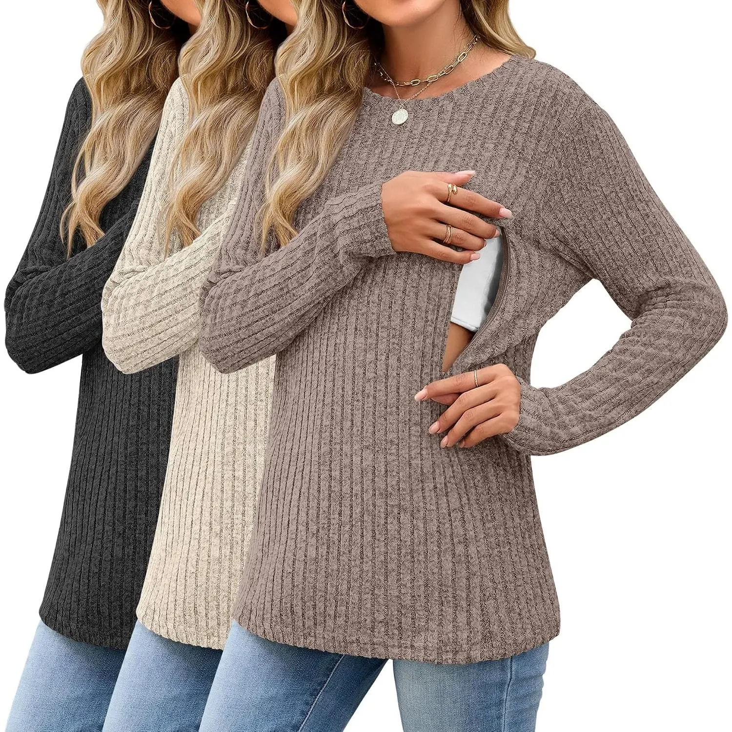 3 Pack Maternity Nursing Ribbed Tops | Breastfeeding Shirts, for Pregnant Women, Hidden Zipper, Long Sleeve, Knit Sweater, Casual, Soft, Postpartum, Fall, Winter