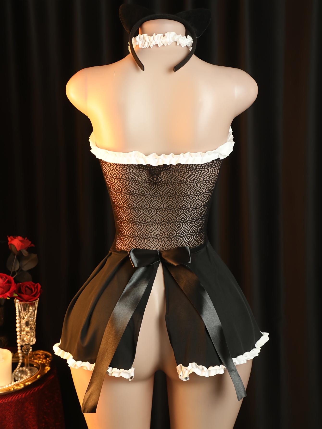 Sexy Maid Costume with See-through Bralette Seductive Catwoman Outfit for  Role Play Bold Lingerie Set Including Cat Ear Headband Neck Accessory Tube  Top Fishnet Stockings Gloves Womenswear Clothes