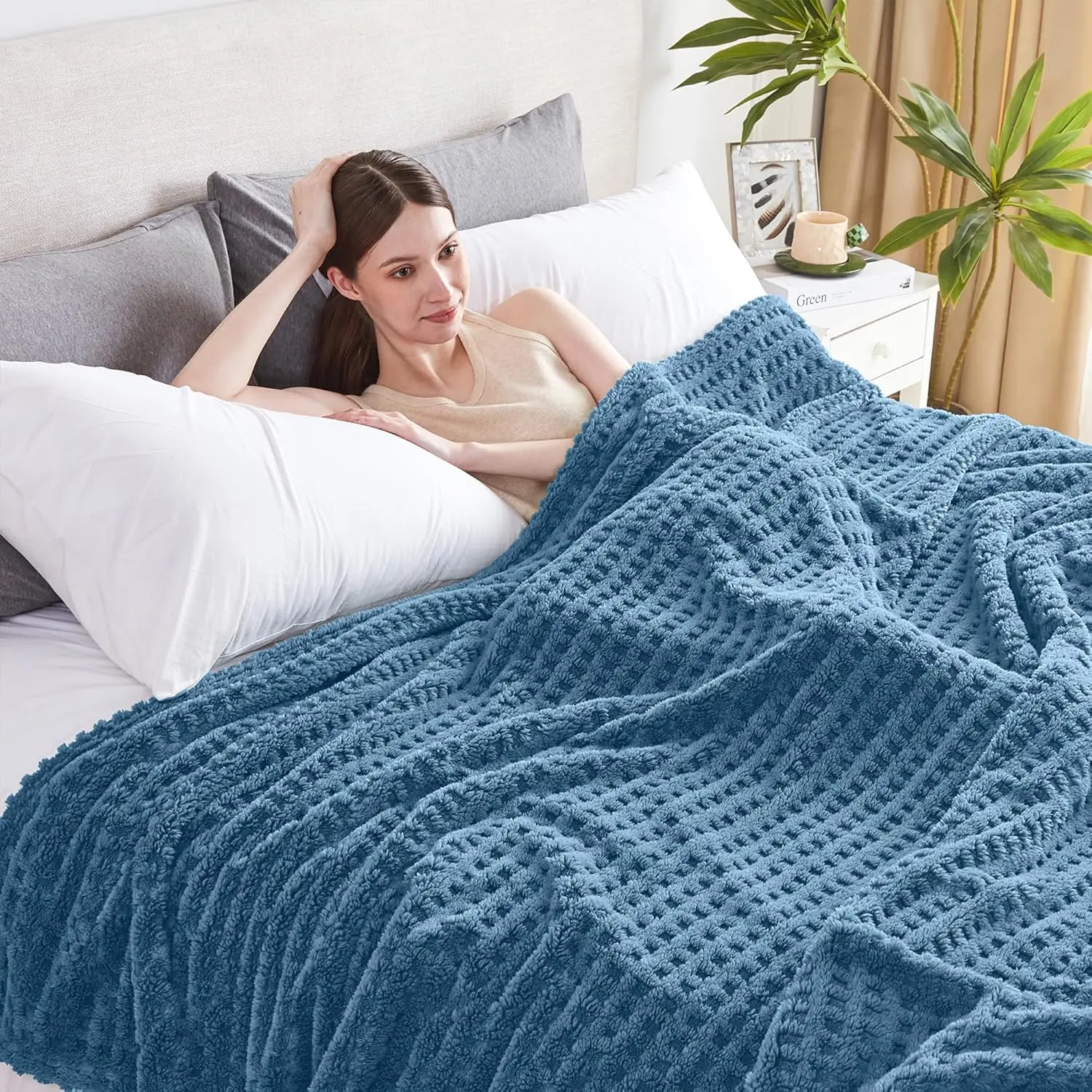 Soft Cozy Fuzzy Fleece  Blanket, Waffle Slate Blue, 60x80 Inches – Lightweight, , and Warm  Jacquard - Blanket for Couch, Bed, Sofa,  Decor, Camping, and Travel