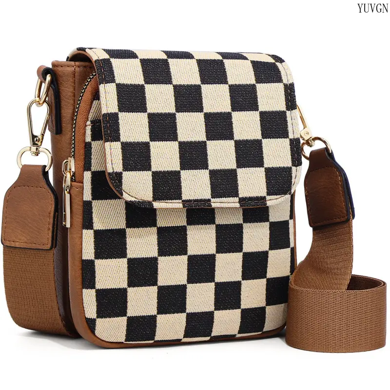 Women's Checkered Mini Vertical Crossbody Bag Pouch - PU Leather Casual Everyday Bag with Adjustable Strap, Lightweight Skateboarding Commute Accessory for Outdoor Sports, Checkered Bags