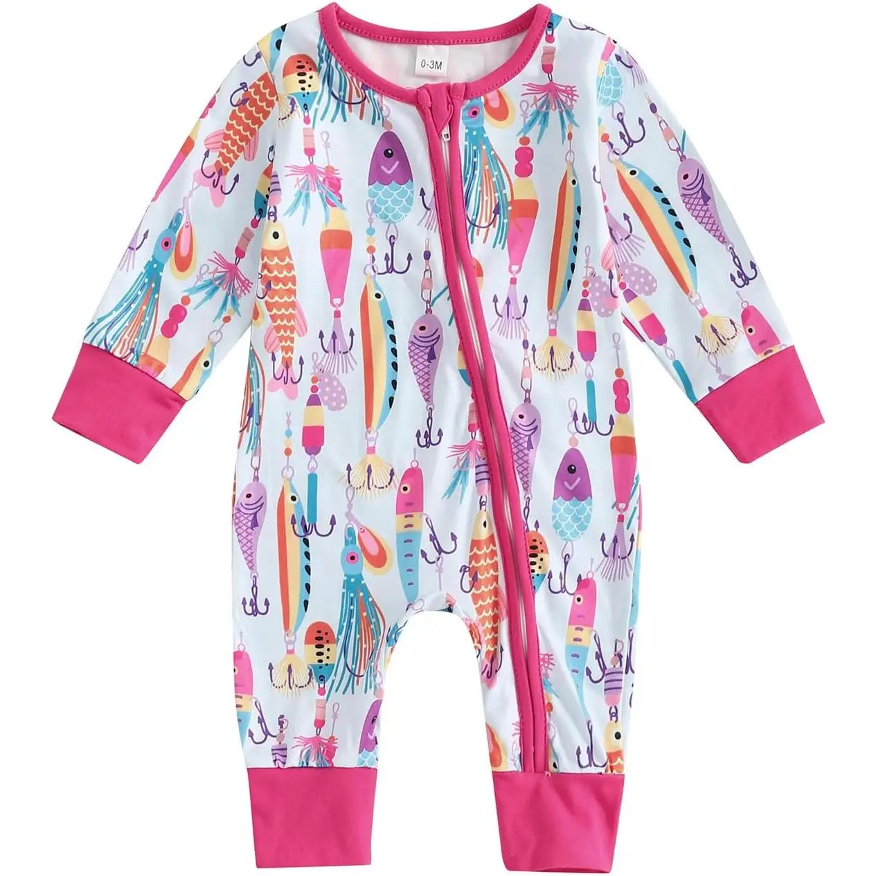 Unisex Newborn Infant Cotton Knit Zip Front Fish Print Romper Jumpsuit - Prop 65 Safe Soft Long Sleeve Coming Home Outfit