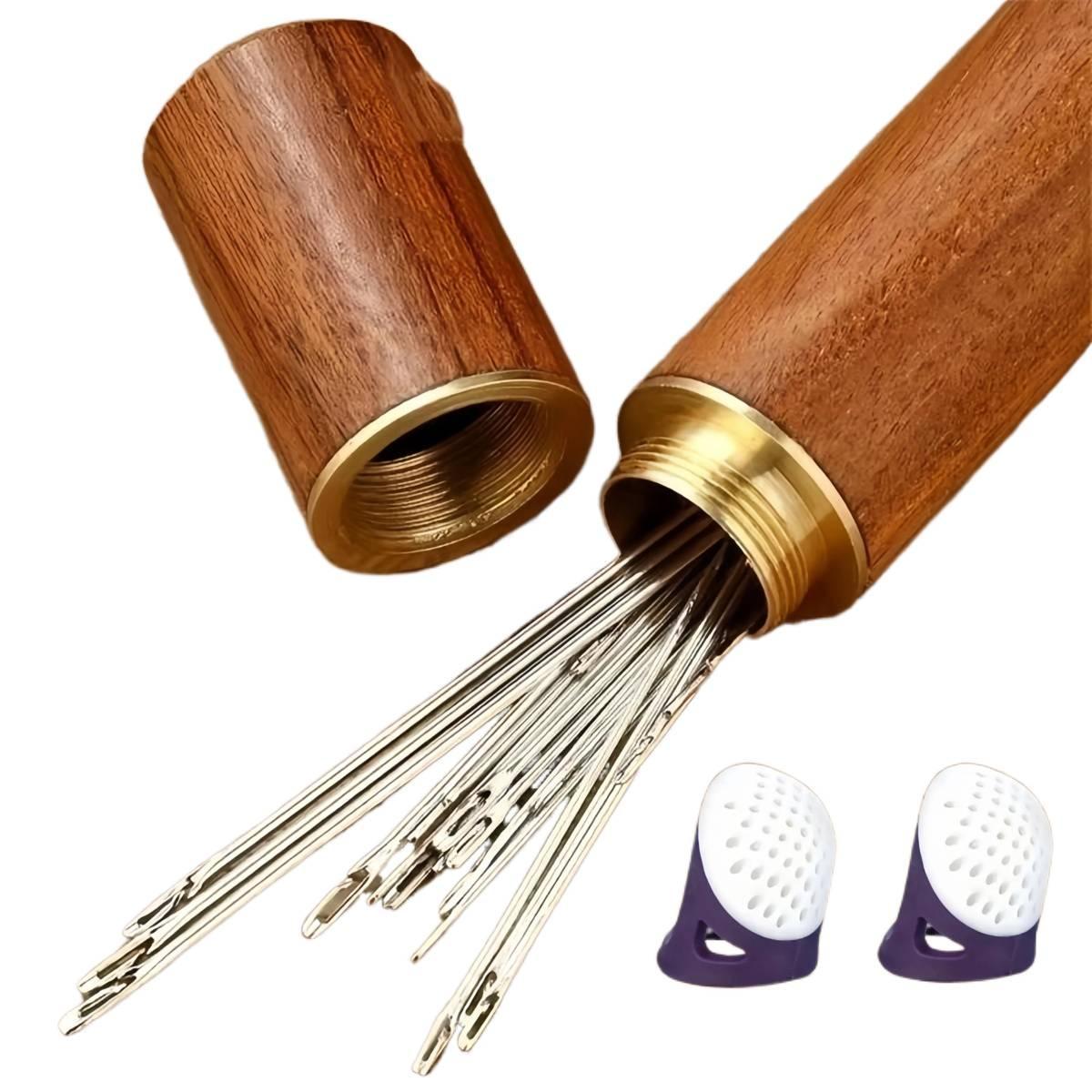 Self-Threading Hand Sewing Needle Set 30pcs Multi-Purpose with Wooden Case & 2 Finger Guards for Home & Cloth Shop Use LY242