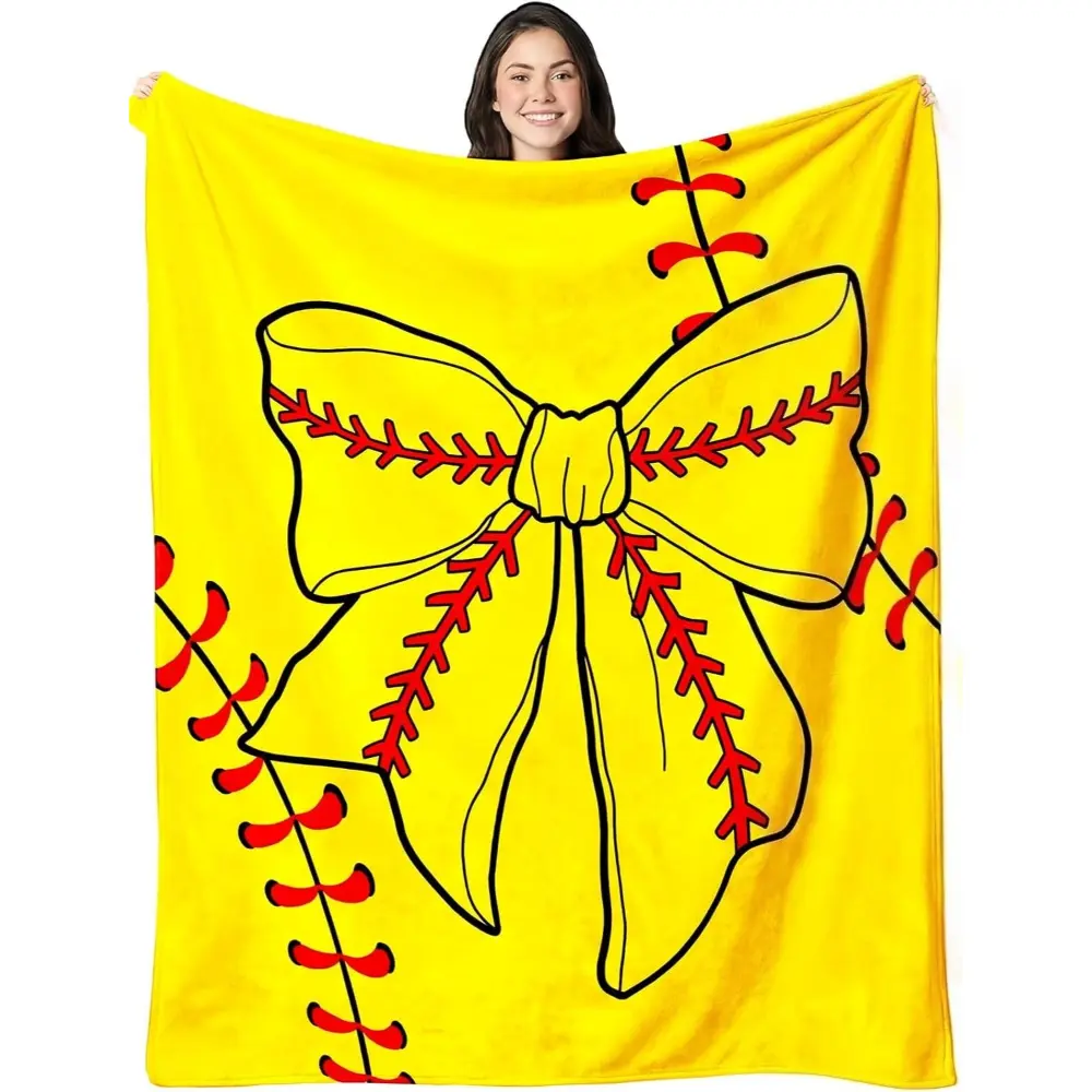 Softball Bow Design Flannel Blanket - Bright Yellow Sport-Style Print, Soft Lightweight, Ideal for Softball Fans, Perfect Gift for Bedroom, Travel Use