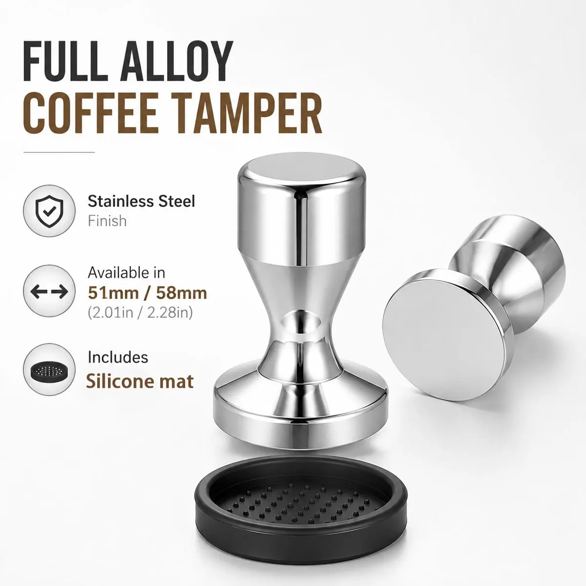 51/58mm Espresso Tamper, Alloy Coffee Tamper, Stainless Steel Colour Coffee Tamper, Coffee Tamper with Flat Base & Silicone Mat, Barista Coffee Press for Portafilter Machines, Coffee Making Tools, Home & Professional Use, Coffee Equipment