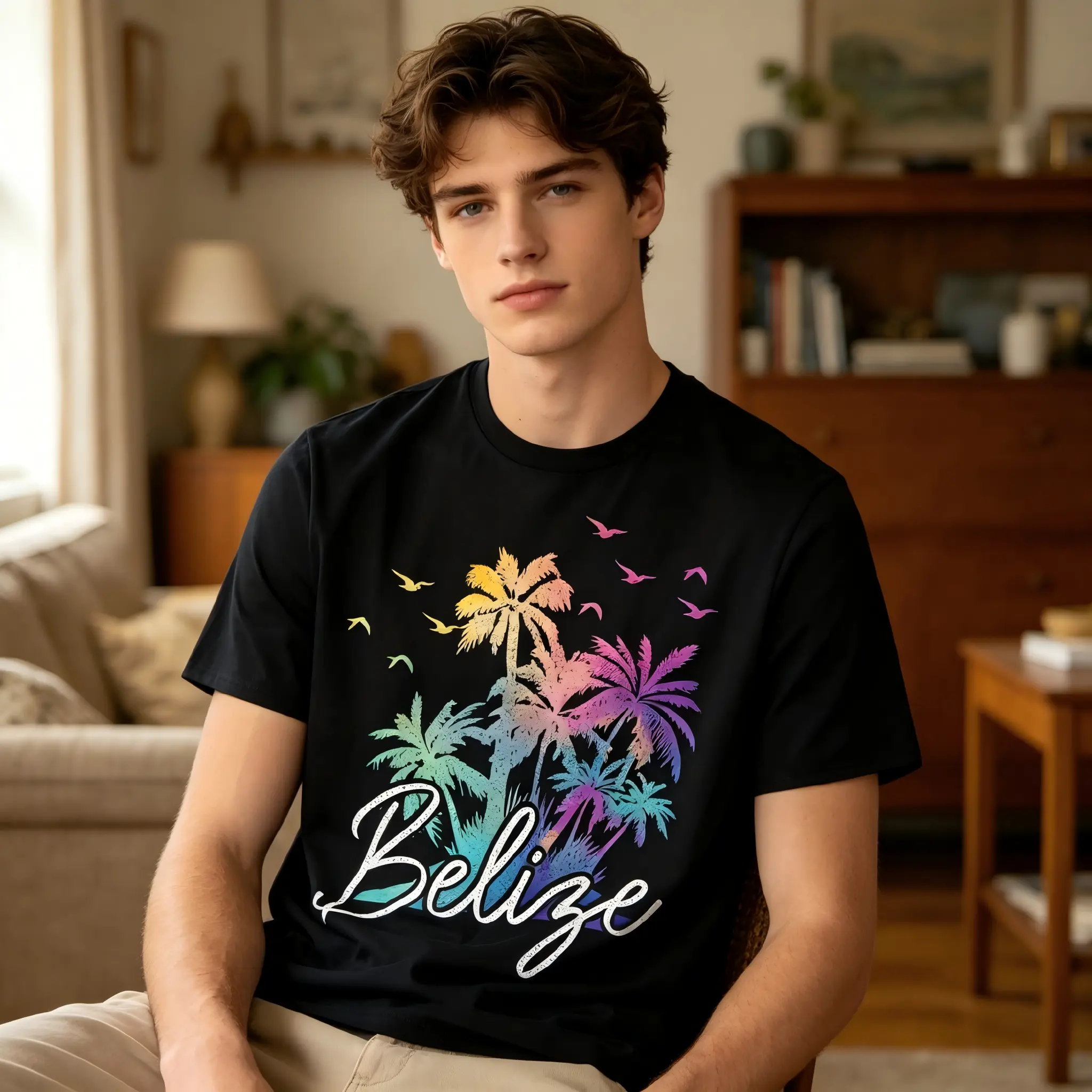 Belize Tropical Vacation T Shirt Vintage Palm Trees & Hummingbirds Graphic 100% sm Crew Neck Tee for Men & men Unisex Casual Shirt with Gradient Color Design for all Season Comfort 2025 ST Shirt for Easter Black Short Sleeve Crew Neck Tee for Men De