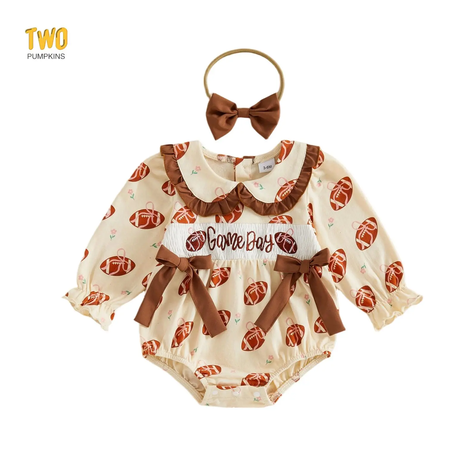 Baby Girl Long Sleeve Smocked Bubble Romper Football Outfit | Peter Pan Collared, Ruffle, Bow Ribbon, Infant Girl Fall Clothes, Long Sleeve Jumpsuit Top For Baby Girl