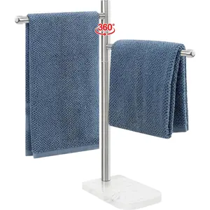 F-Shape Hand Towel Holder Stand with Marble Base Stainless Steel Swivel Towel Bar for Bathroom Kitchen Countertop 2 Arms Brushed Nickel
