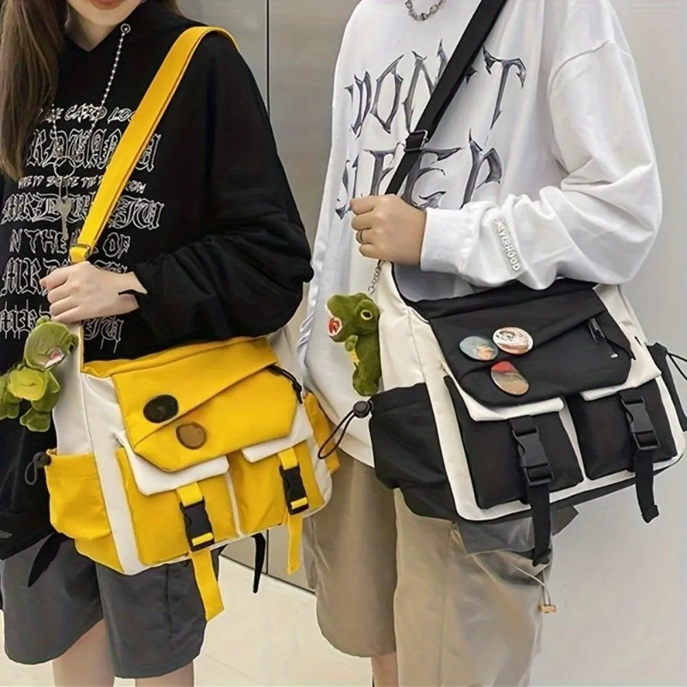 1pc Japanese Fashion Nylon Crossbody Bag, Adjustable Strap Large Capacity Multi-Pocket Casual Shoulder Bag, Blue & White Daily Bag for School & Sports