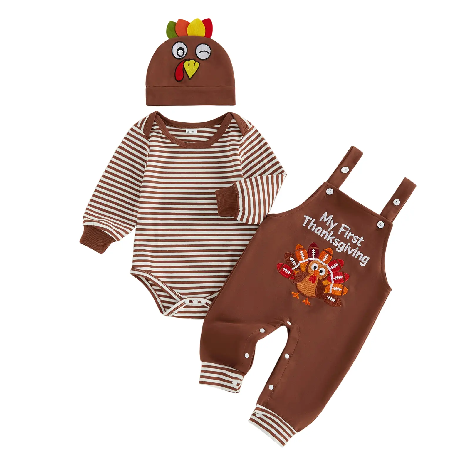 REDWOON Infant Baby Boy My First Thanksgiving Outfit Striped Long Sleeve Bodysuit Turkey Embroidery Overalls and Turkey Hat Set