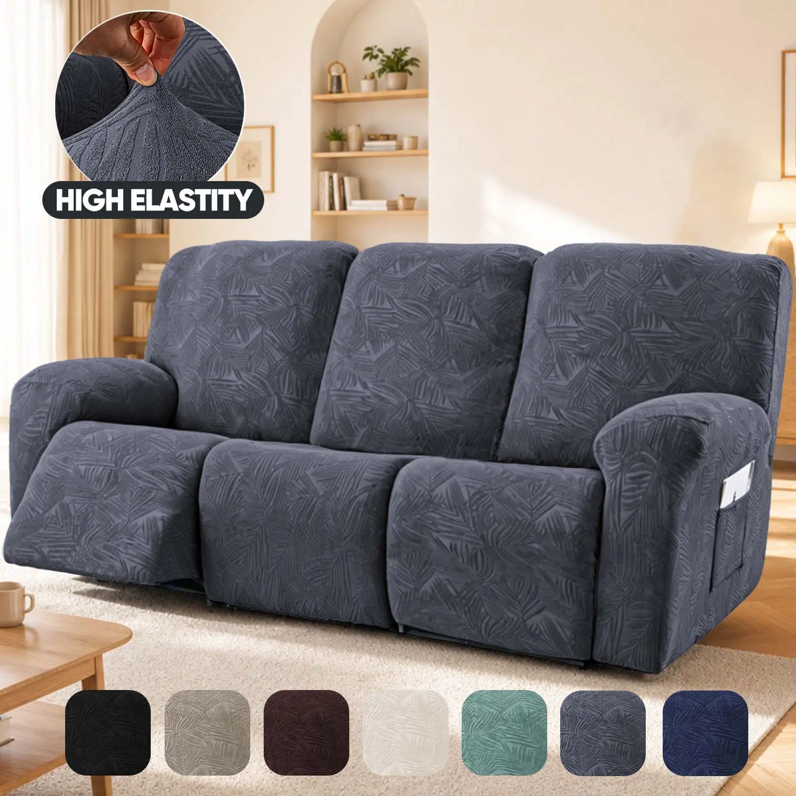 8-Piece Polyester Classic Flat Weave Stretch Recliner Sofa Cover, Latest Jacquard Reclining Couch Cover with Side Pocket, Anti-Slip Full Fit 3-Cushion Furniture Slipcovers with Elastic Bottom for Kids