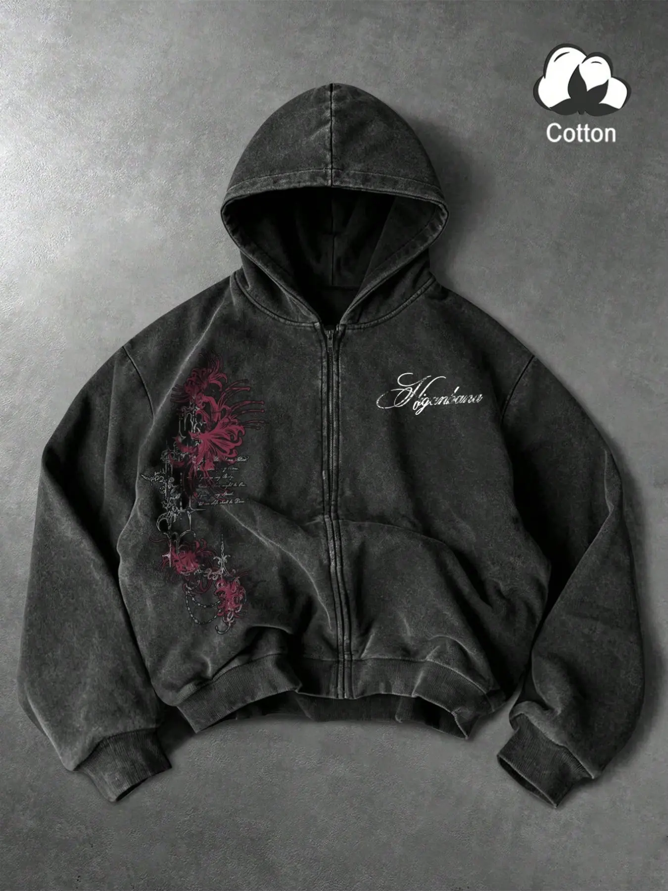 Letter Plant Print Cotton Zipper Sweatshirt, Vintage Washed Hoodie, Unisex Fitted Pullover for Fall & Winter, Casual Graphic Design