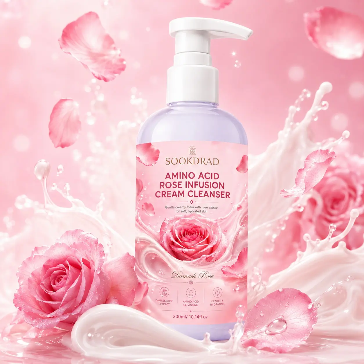 Amino Acid Rose Infusion Cream Cleanser, Damask Rose Extract, gentle creamy foam, soft hydrated skin, gentle cleansing, hydrating, facial cleanser, 300ml/10.14fl oz