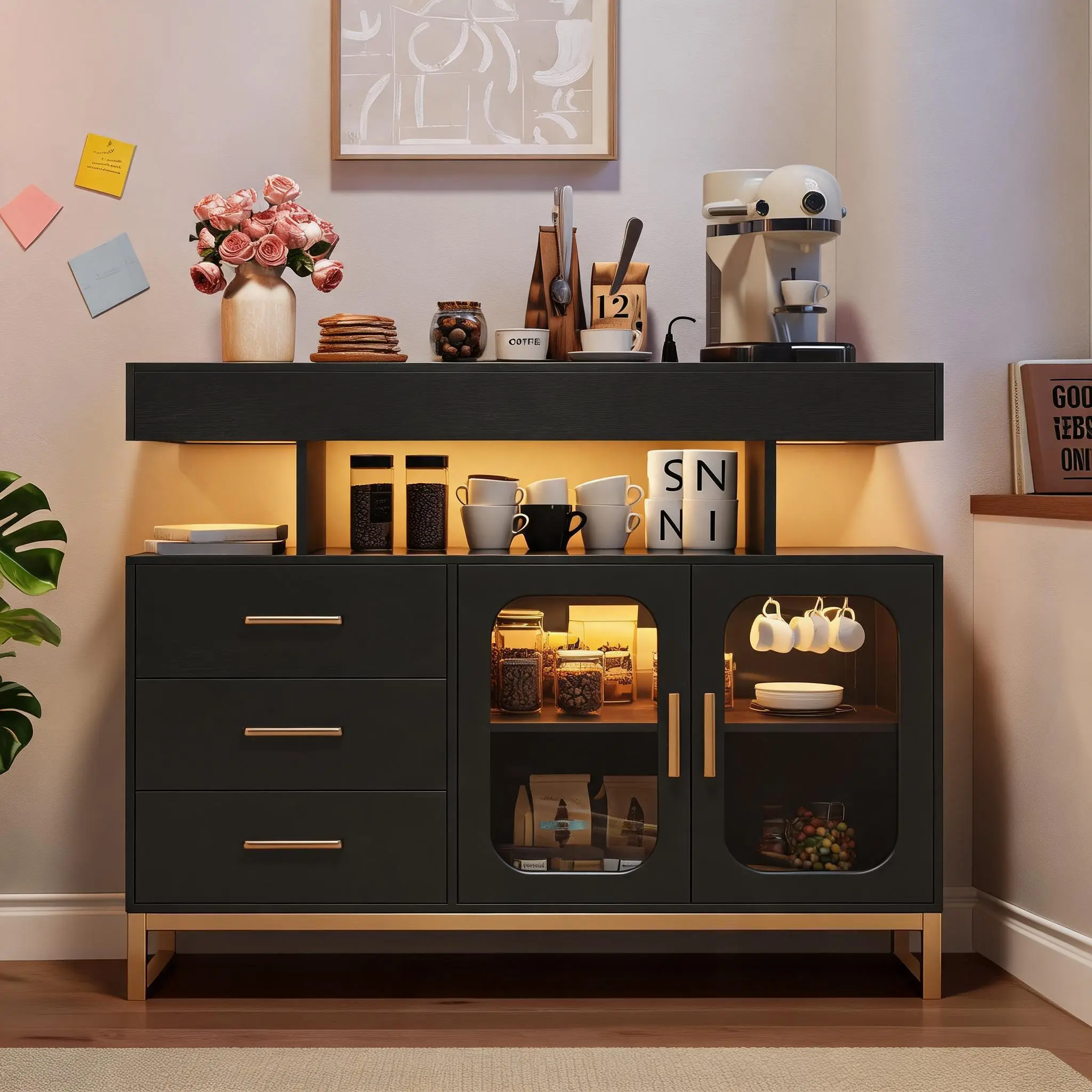 40" Modern LED Buffet Cabinet Sideboard with Charging Station (AC Outlets & USB Ports) - Motion detector RGB Lights - 3 Drawers Storage - Coffee Bar Console for Dining Room