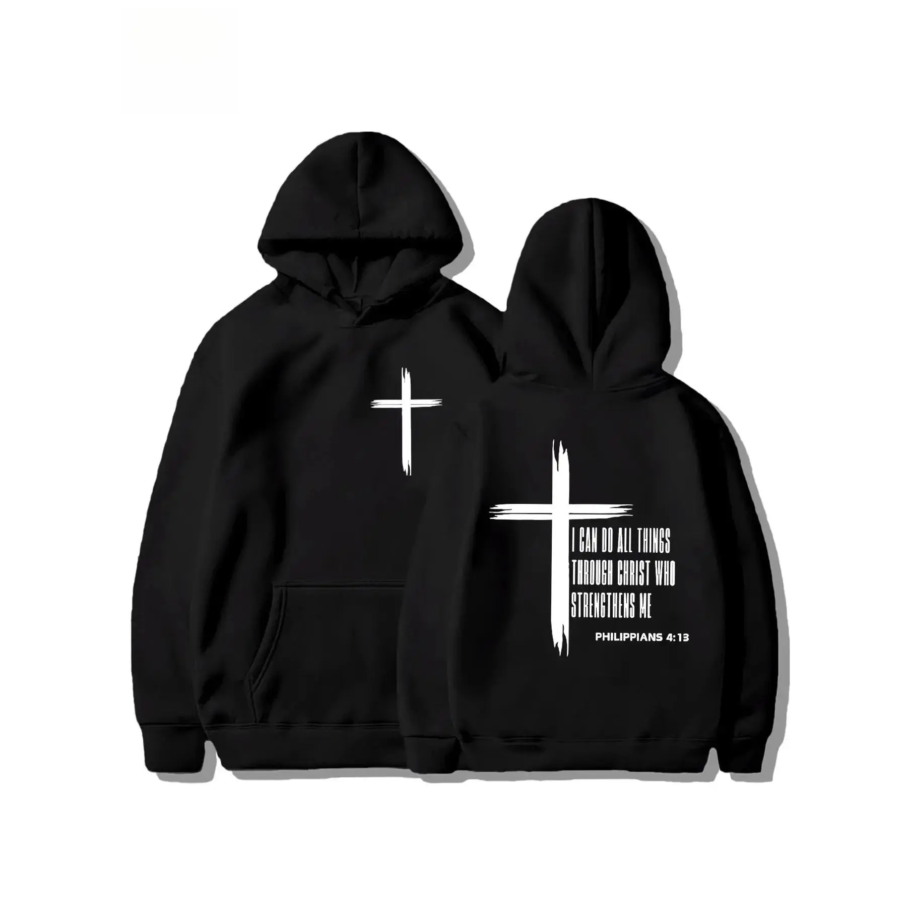 Men's & Women's Soft Christian Cross Graphic Prints Hoodie - Philippians 4:13 Bible Verse Tops, Unisex Fitted Pullover, Casual Fall & Winter Hooded Sweatshirt