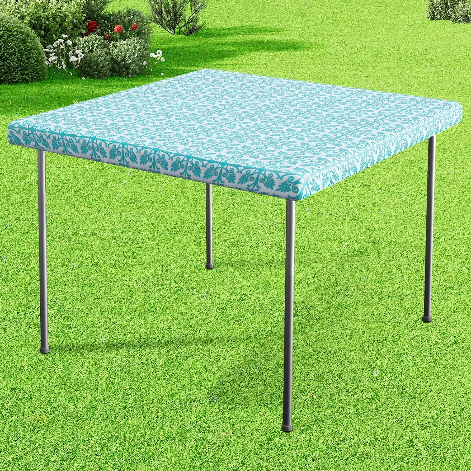 Sqaure Vinyl Table Cloth, Elastic Fitted Flannel Backed Tablecloth, 100% Waterproof Plastic Table Cover Fits Folding Tables for Picnic, Camping, Outdoor (Teal, 34" x 34")