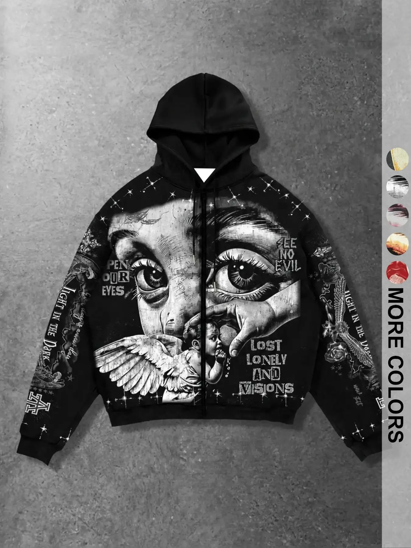 American Vintage Washed Portrait Zipper Sweatshirt, Retro Tear Eye Wing Graffiti Print Hoodie, Fall & Winter Casual Long Sleeve Outer Vest