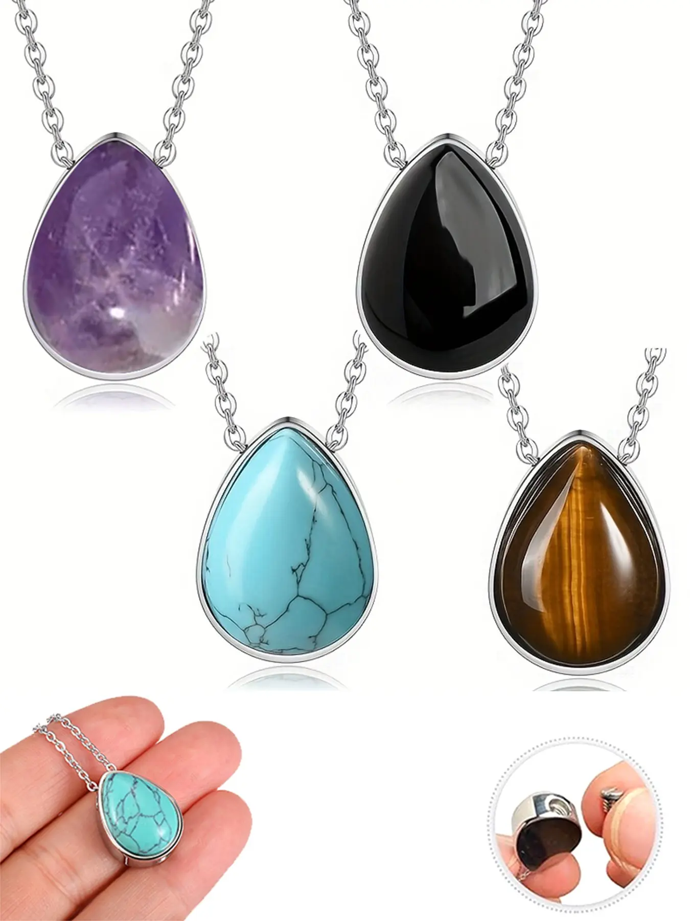 Teardrop Cremation Jewelry Urn Necklace for Ashes, Memorial Keepsake Cremation Jewelry, Natural Stones, Gifts for Men & Women