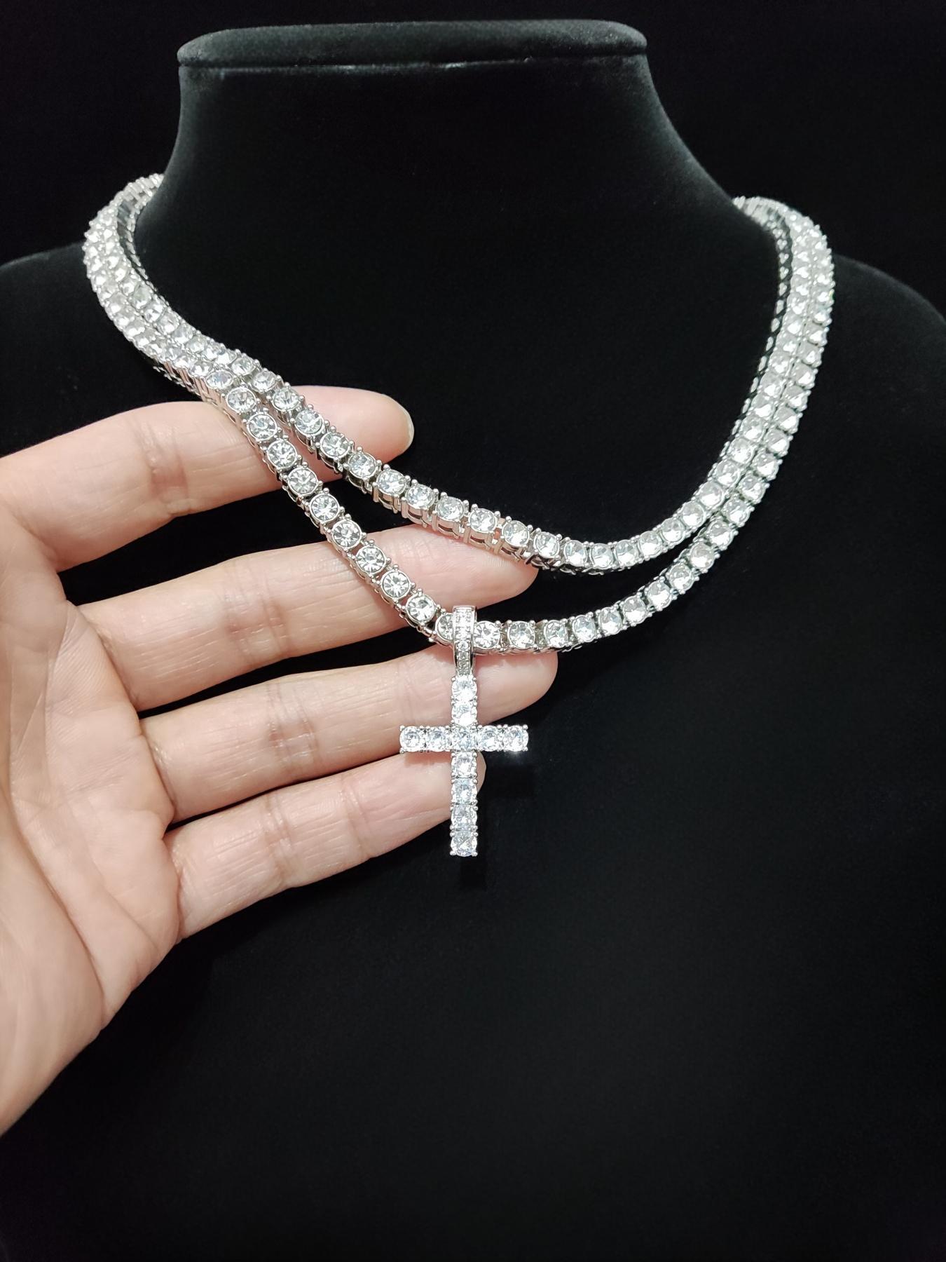 Luxury Artificial Zircon Cross Pendant Necklace for Girlfriend, Rhinestone Cross Necklace, Elegant Rhinestone Necklace, Streetwear Punk Hip Hop Matching Jewelry for Party, Daily Clothing Decor for Girl, Cuban Cross Necklace
