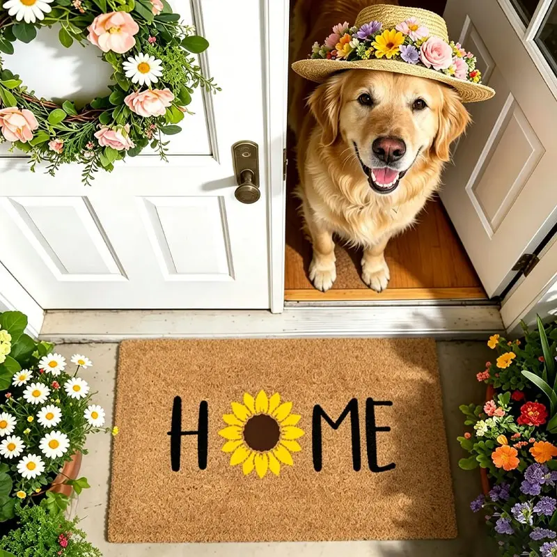 Sunflower HOME Doormat, Natural Coconut Fiber Welcome Mat,  Anti-slip Quick Drying Soft Carpets, Washable Soft Rug, Absorbent Decorative Rugs for Indoor Outdoor Entrance Porch, Floral Outdoor Mat