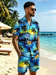 3D Hawaiian Palm Print Short-sleeved Shirt and Beach Pants with Drawstring and Pockets for Adults and Teenagers