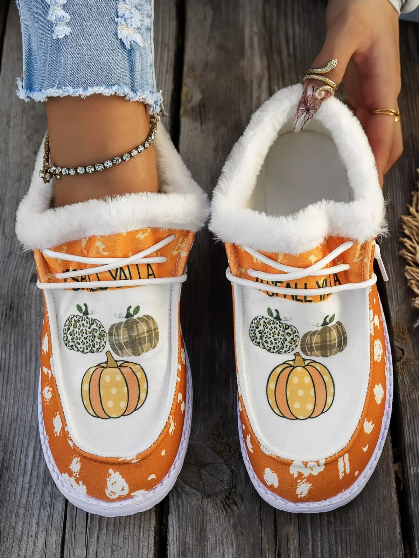 Pumpkin print fleece lined casual shoes with fuzzy trim and laces flat comfy warm footwear for autumn daily outfits