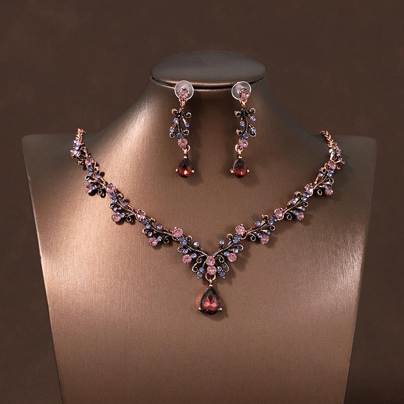 Vintage Emerald Green Teardrop Necklace Set, Women's Necklace & Earrings Set, Luxury Bridal Jewelry for Wedding & Banquet