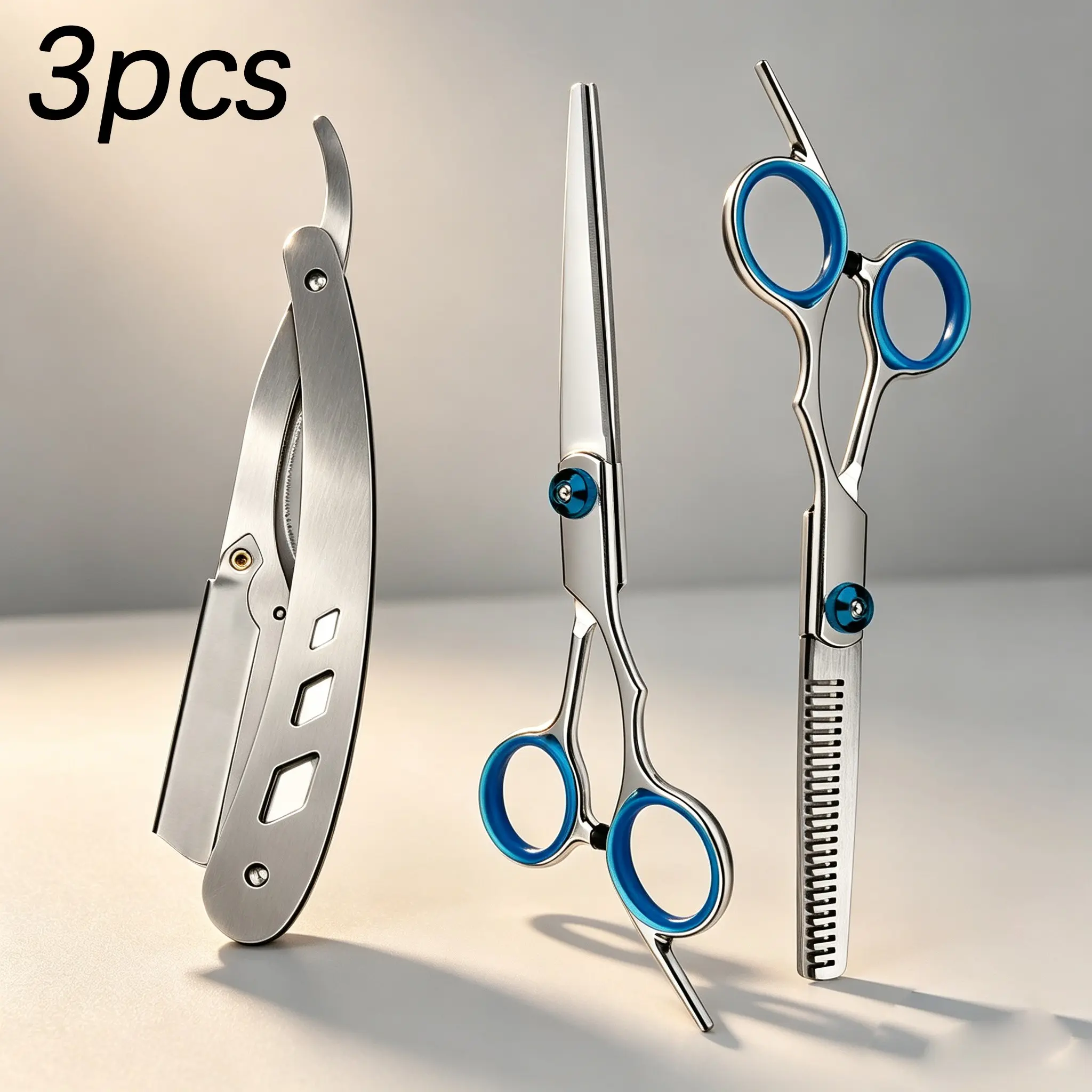 3pcs Haircutting Tools Set, Blue Ring Professional Flat Blade & Tooth Comb Clippers, Thinning Shears, Foldable Vintage Safety Razor