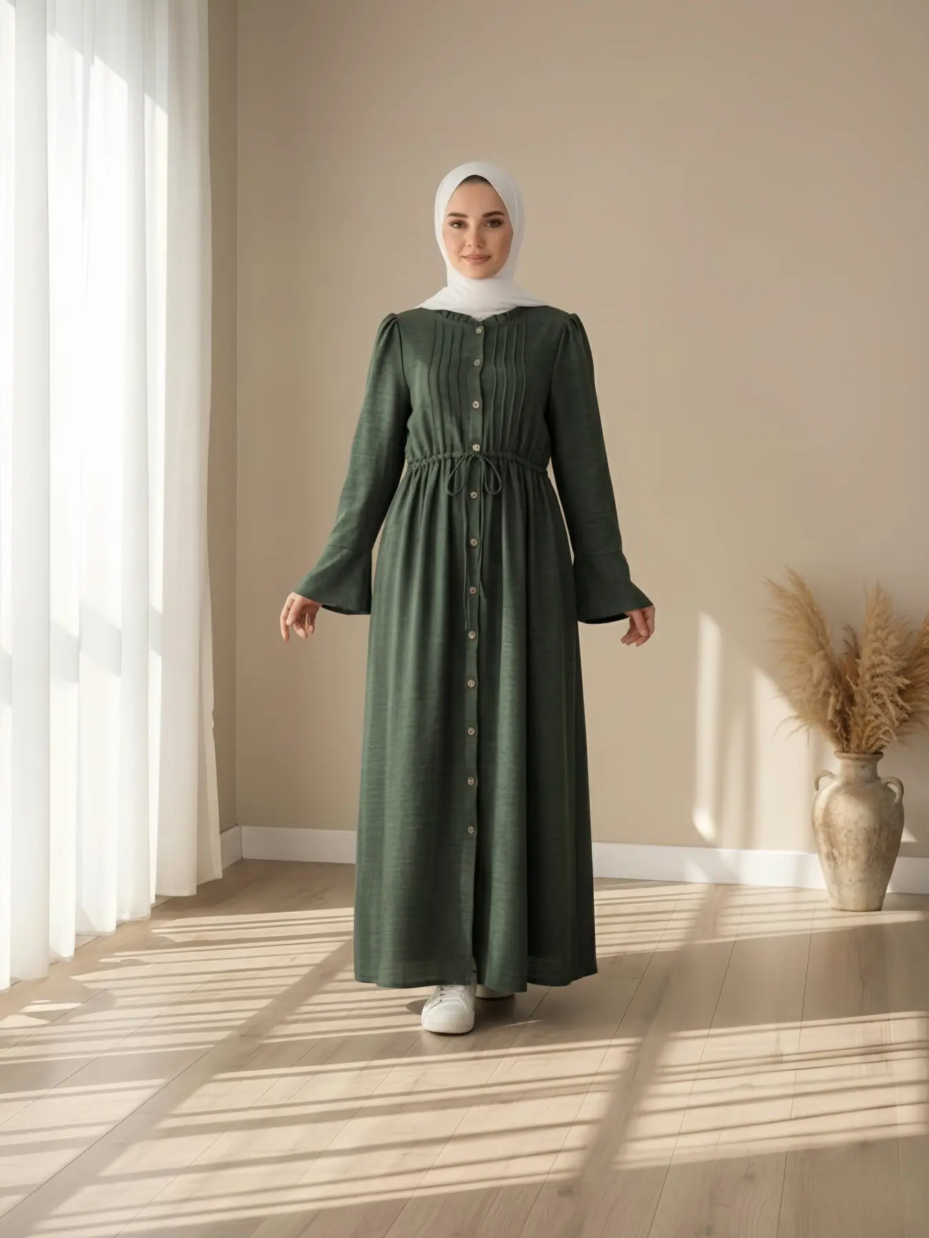 pleated dress muslimah Chbgutlmr Womens Dress Long Sleeve V Neck Pleated Front Tie Front Maxi Dress Casual Comfy Loose Plain Muslim Dresses