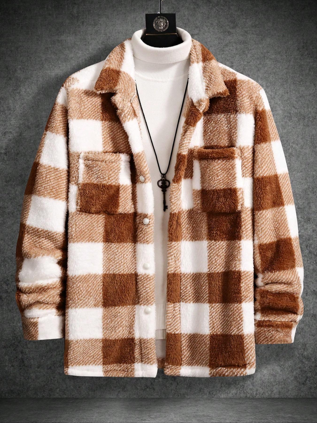 Men's Plaid Pattern Button Front Plush Jacket, Casual Drop Shoulder Long Sleeve Outerwear for Fall & Winter, Men's Clothes for Daily Wear, Coats