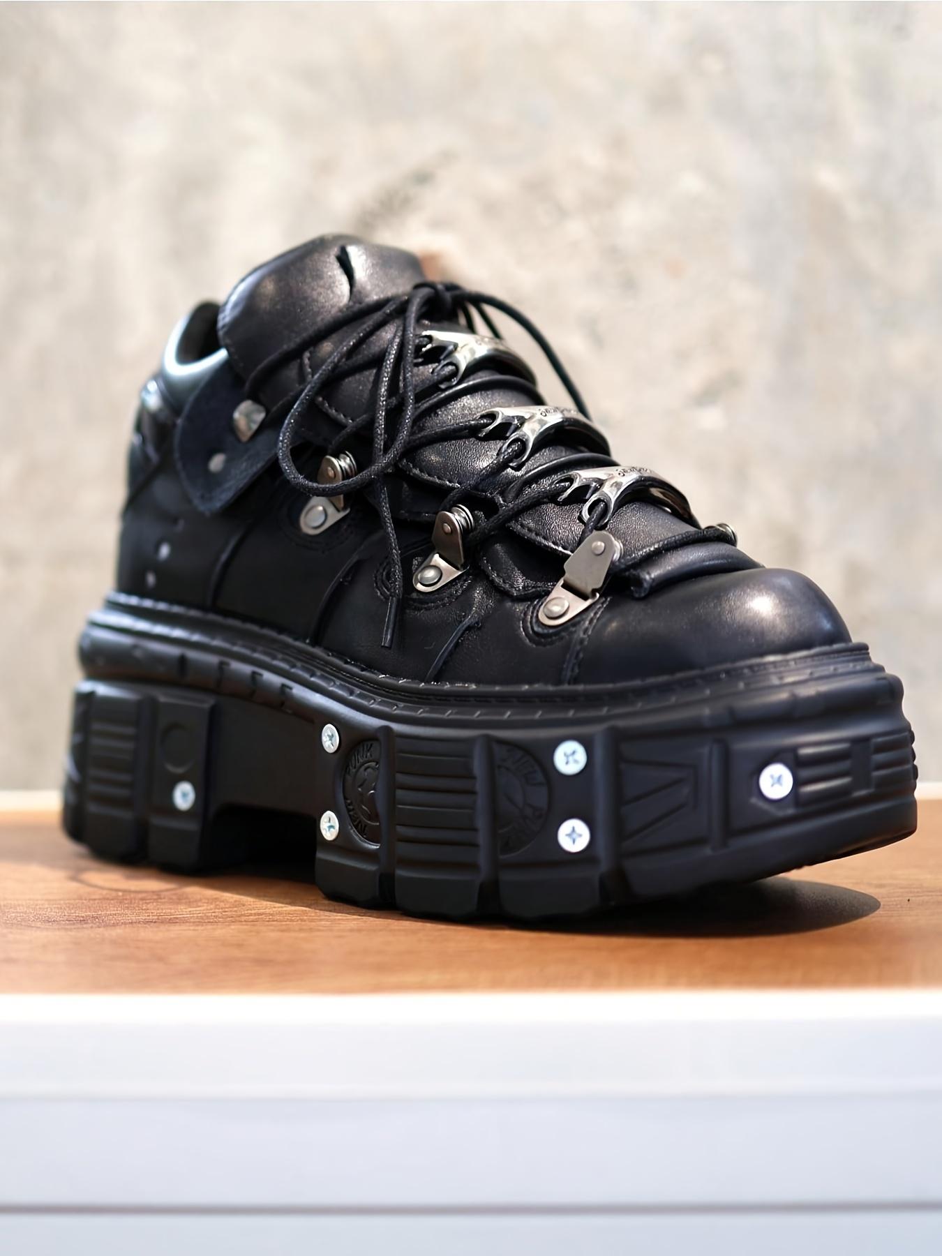 [Punk Combat Sneakers] Punk Combat Sneakers Women's |   Platform Metallic Decor Rock Gothic Y2K Boots |   Black High Thick Sole Cross Tied Rivets Flats
