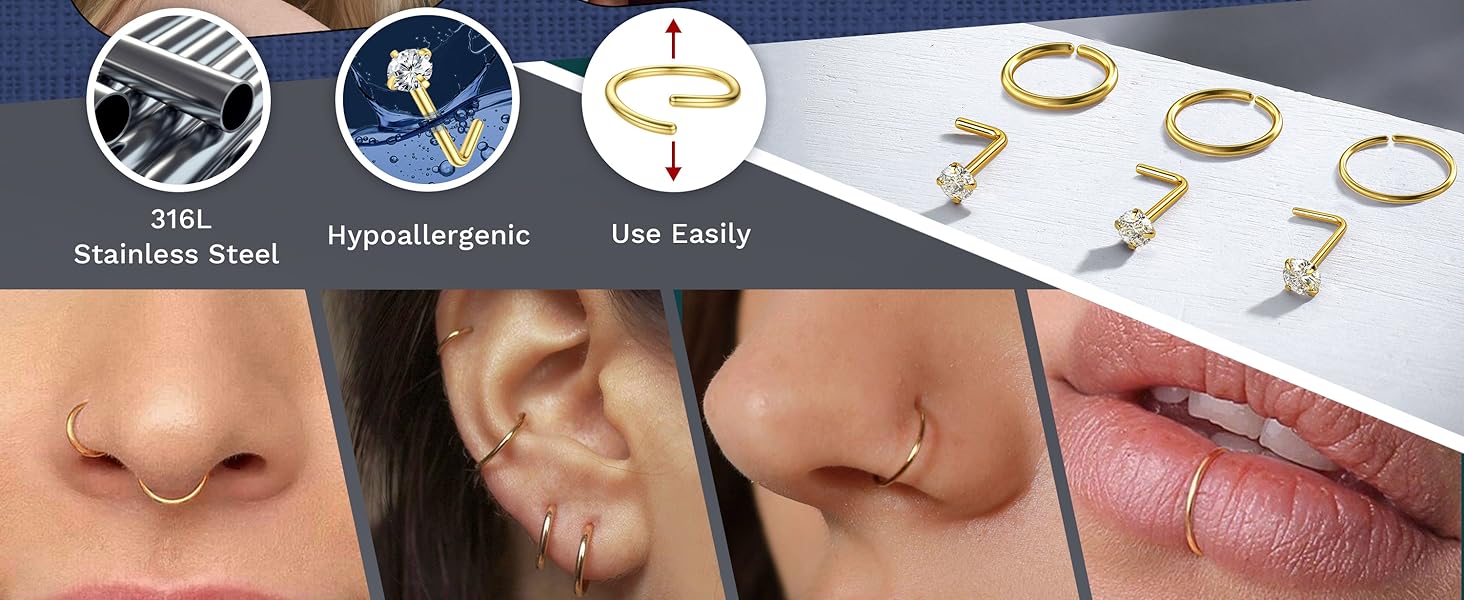 MILACOLATO 28PCS Hypoallergenic Nose Rings Hoops Studs - 316L Stainless Steel Nose Ring for Women Men - L Shaped CZ Nose Stud Hoop Nostril Piercings Jewelry Set 18G 20G 22G Silver Rose Gold Black Rainbow
