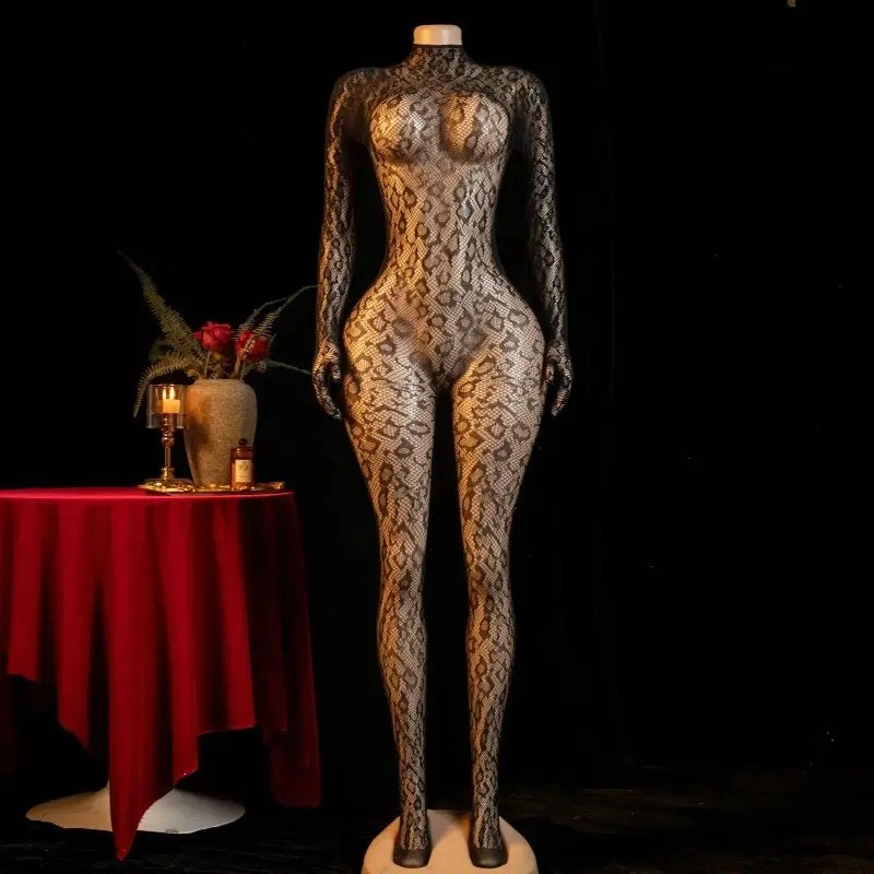 Women's Leopard Print Mesh Sleeveless Bodysuit, Slim Fit Sheer Lace One‑Piece Intimates, Party Night Outfit