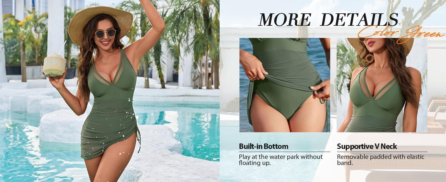 Women's Tummy Control One Piece Swim Dress Slimming Mesh Sheer Sarong Wraps Bathing Suit Modest V Neck Cut Out Swimsuit for Women 2026 - Womenswear Overalls Sleeveless Maternity Square rompers jumpsuit eyelet Rhinestone Off-Shoulder backless