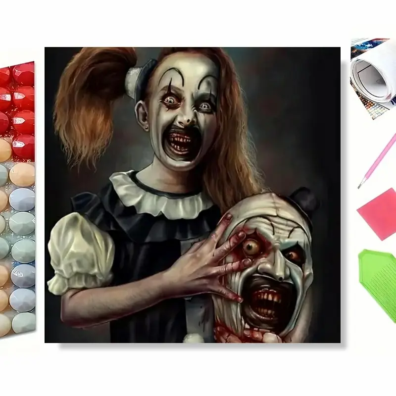 5D DIY Diamond Painting Kit -The Pale Girl Clown Portrait, Horror Scary Clown Mask Dark Creepy Oil Painting Design, Perfect for Horror Fan Halloween Gifts, Spooky Game Room Wall Decor & Relaxing Hobby Crafts!