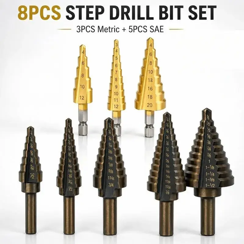 8-Piece Step Drill Bit Set Metric and Imperial Step Drill, Titanium Coated High Speed Steel Cone Drill for Thin Metal Sheet Aluminum Plastic Wood Tool, 3 Metric Bits Plus 5 Imperial Bits Multi Size One Piece