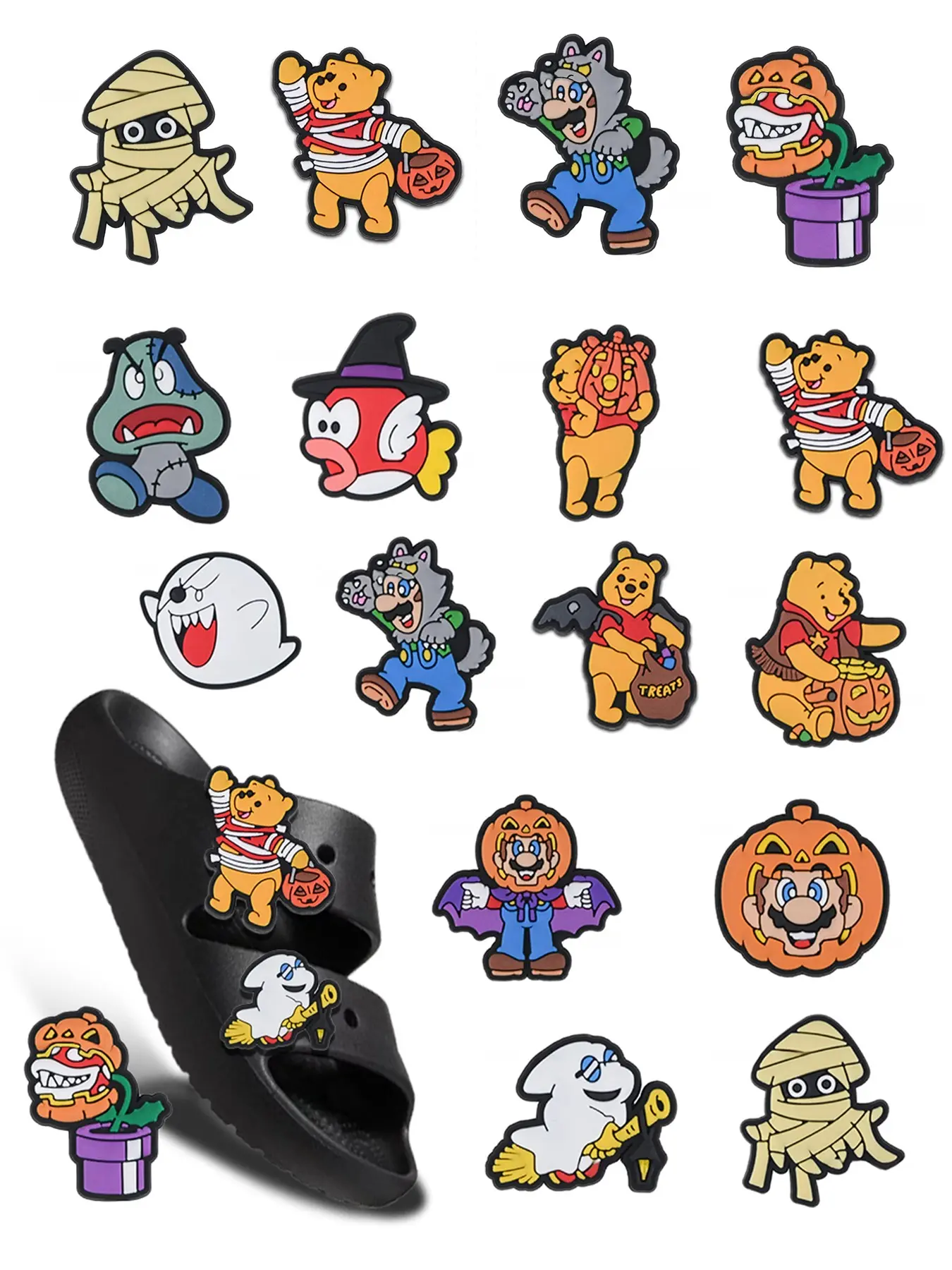 Halloween Winnie Bear Mary Series PVC Cartoon DIY Shoe Clips Decorations, Classic Wooden Sandals, Family Children Christmas Party Gifts
