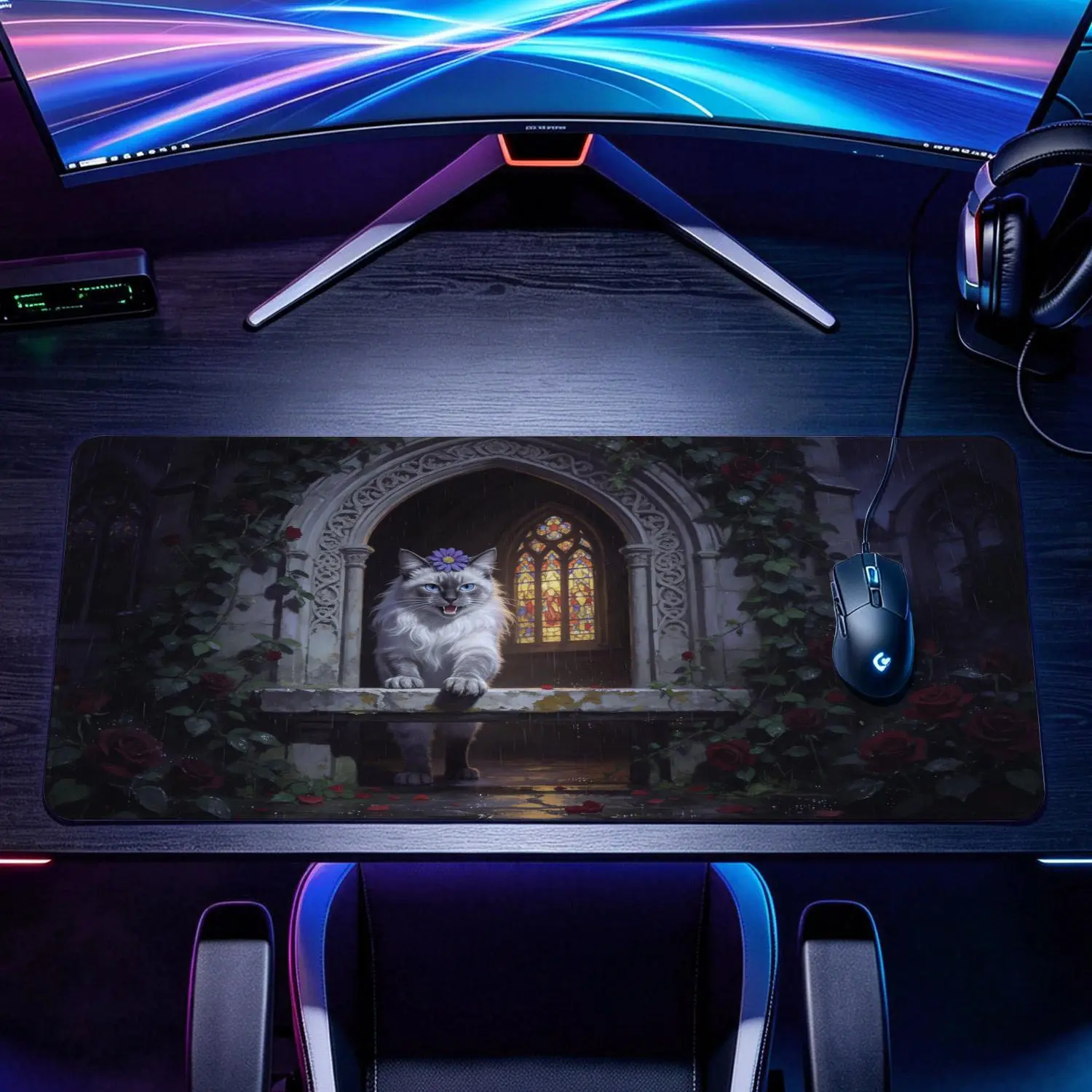 Extra Large Gothic Cat Stained Glass Rose Flower Art Gaming Mousepad, Non-Slip Rubber Pad, Multi-Size Lock Edge, Washable Desktop Protector, Premium Multipurpose for Home, Gamers