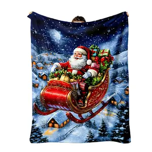 1pc Santa, Sleigh, Snowy VillageThrows Printed Flannel Blanket Cozy Soft Flannel Blanket for Sofa Bed  Office Travel Bed Blanket, Birthday Gifts for Women, Mothers Day Decor Gifts for Mom.