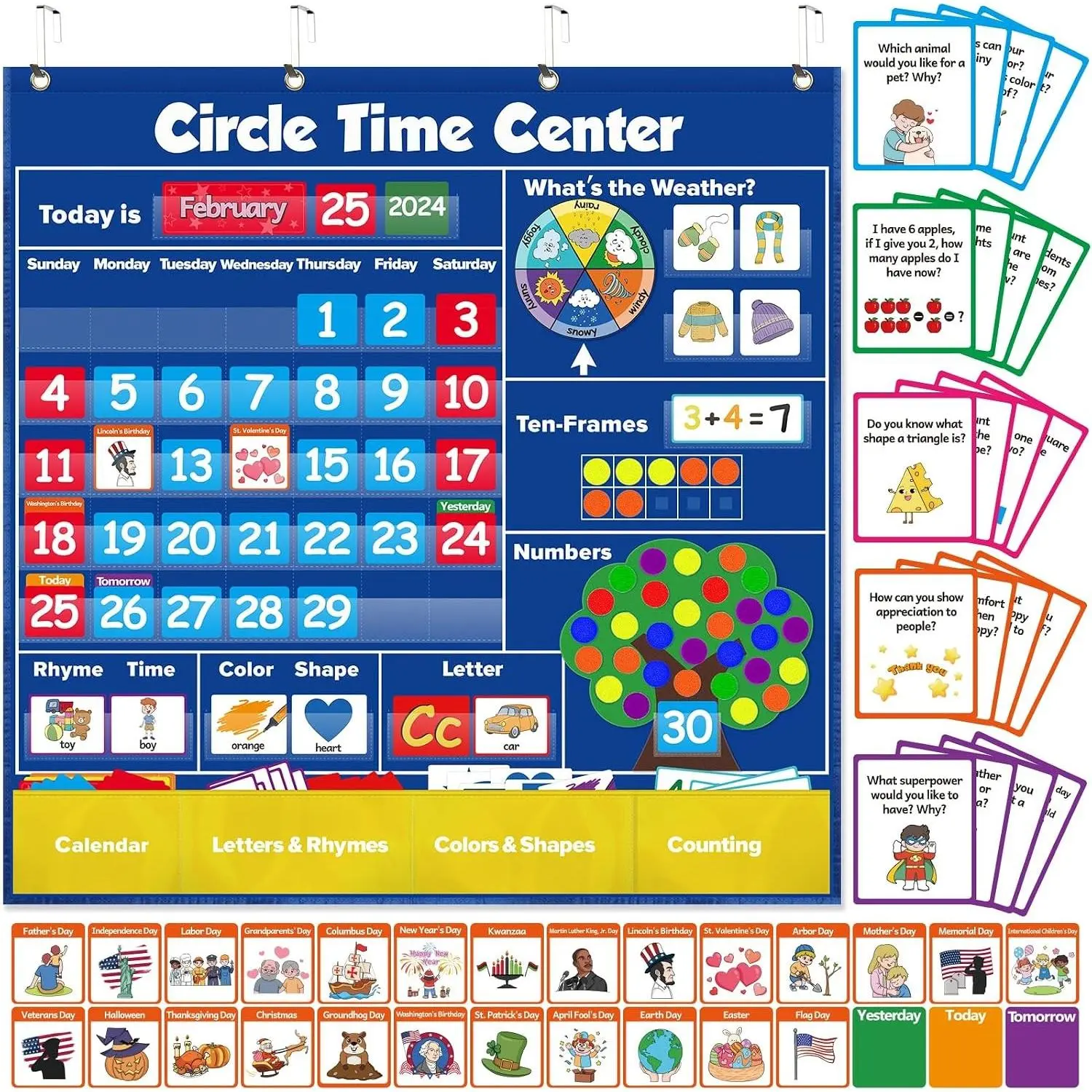 Time Center Pocket Chart Calendar Set, Educational Pocket Chart Learning Shape, Color Classroom Pocket Chart Number Pocket Chart Wording Rhyme Pictures Pocket Chart