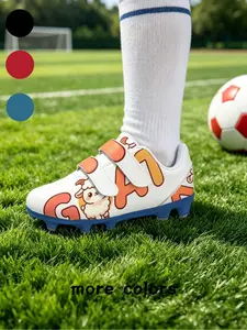 1 Pair All-terrain Children Football Cleats Cute Cartoon Sheep Alphabet Print Double Velcro Multi-scene Athletic Style For Boys Girls After-school Training Park Mixed Ground Anti-abrasion Black Studs Skin-friendly Breathable Upper